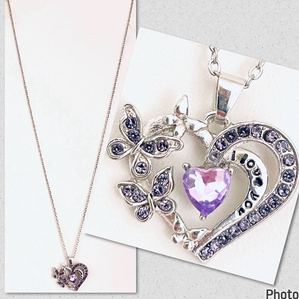NWT Silver Purple”I Love You“ Heart Butterflies Bling Bling Rhinestones Necklace